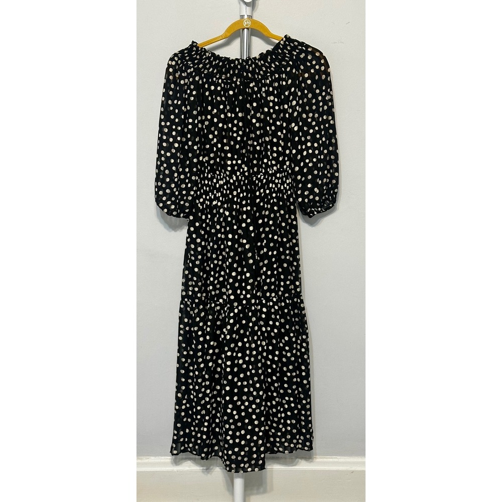 Taylor Polka Dot Midi Dress Black White Smocked Off Shoulder Tiered Size 8